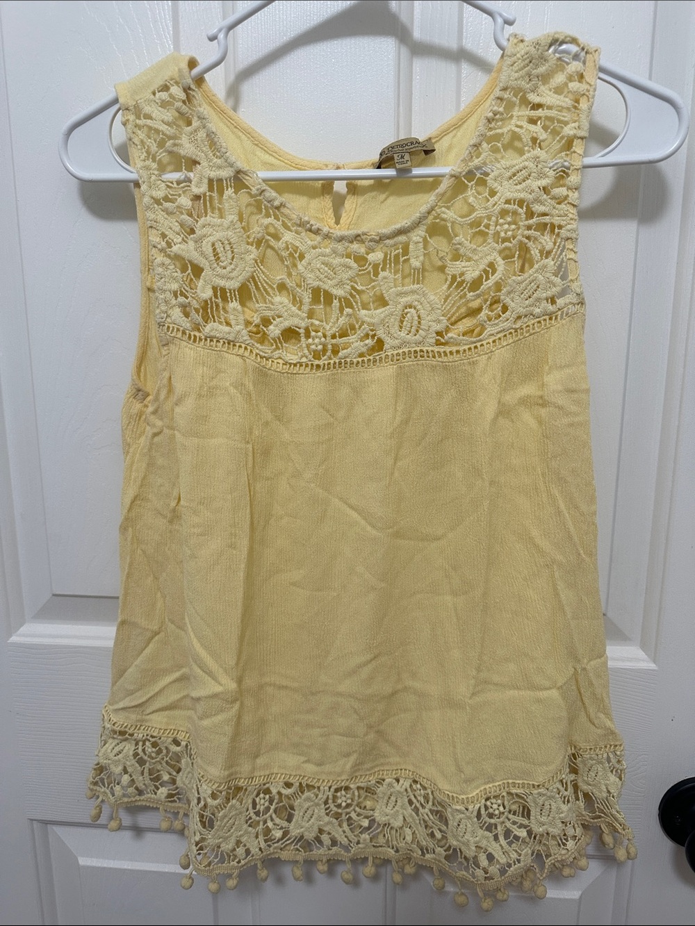 0125 Democracy Lace Yoke Sleeveless Tank in Pale Yellow medium
